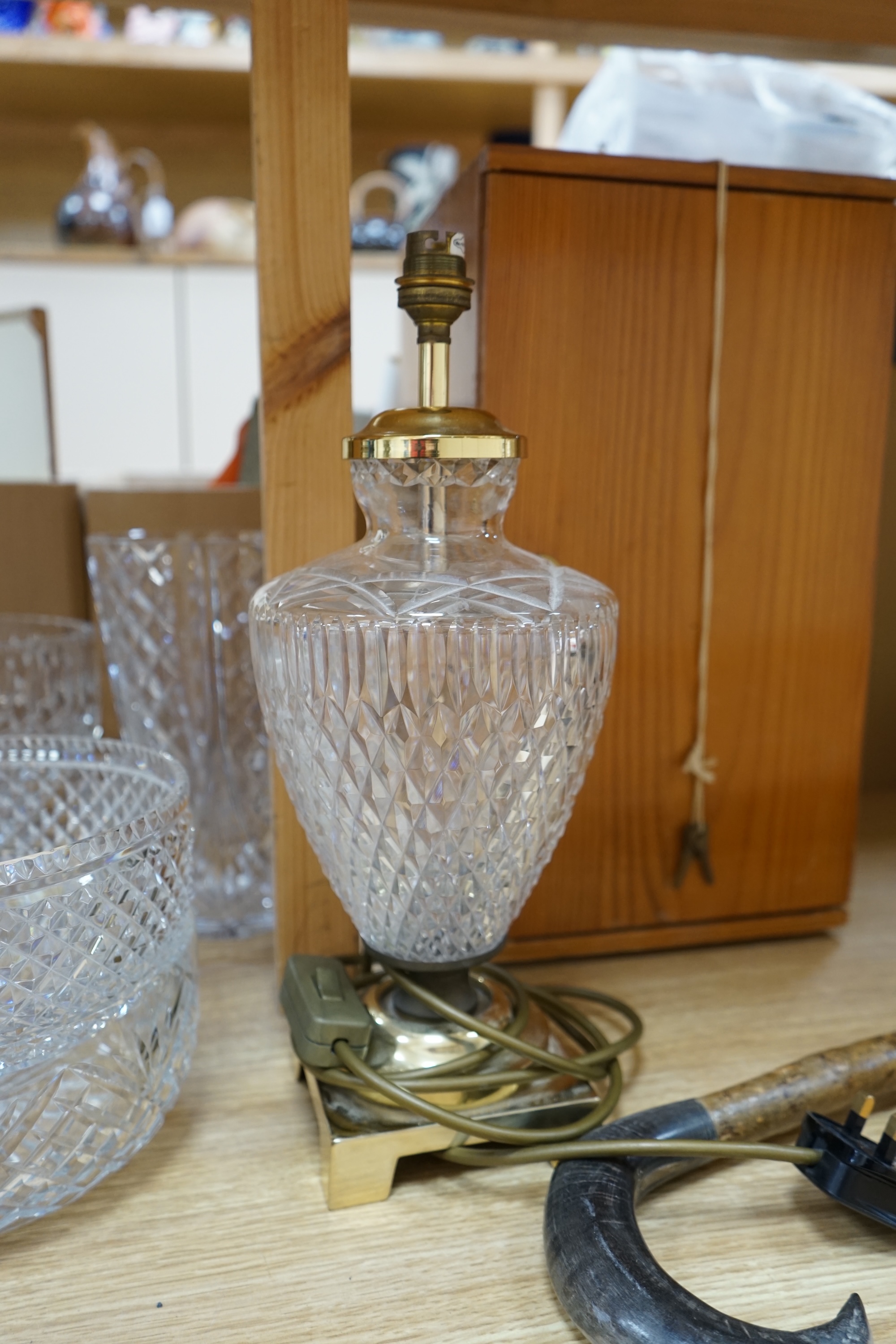 A collection of glassware, some Brierley to include pair of lamps, fruit bowls, cake slice and a large vase, largest 25cm high. Condition - mostly fair to good